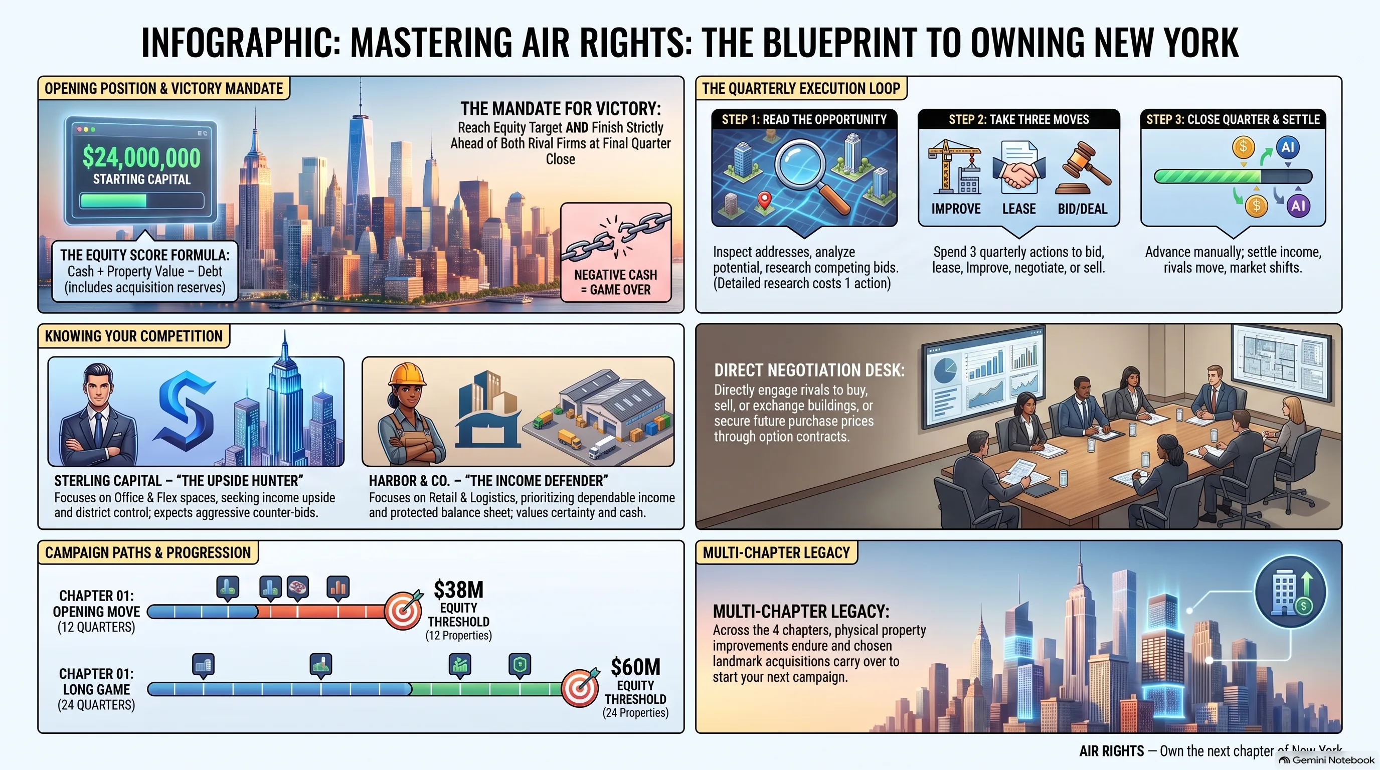 Instruction sheet: opening capital, the equity score, the three-step quarter, Sterling Capital, Harbor and Co., and the 12-quarter and 24-quarter campaigns.