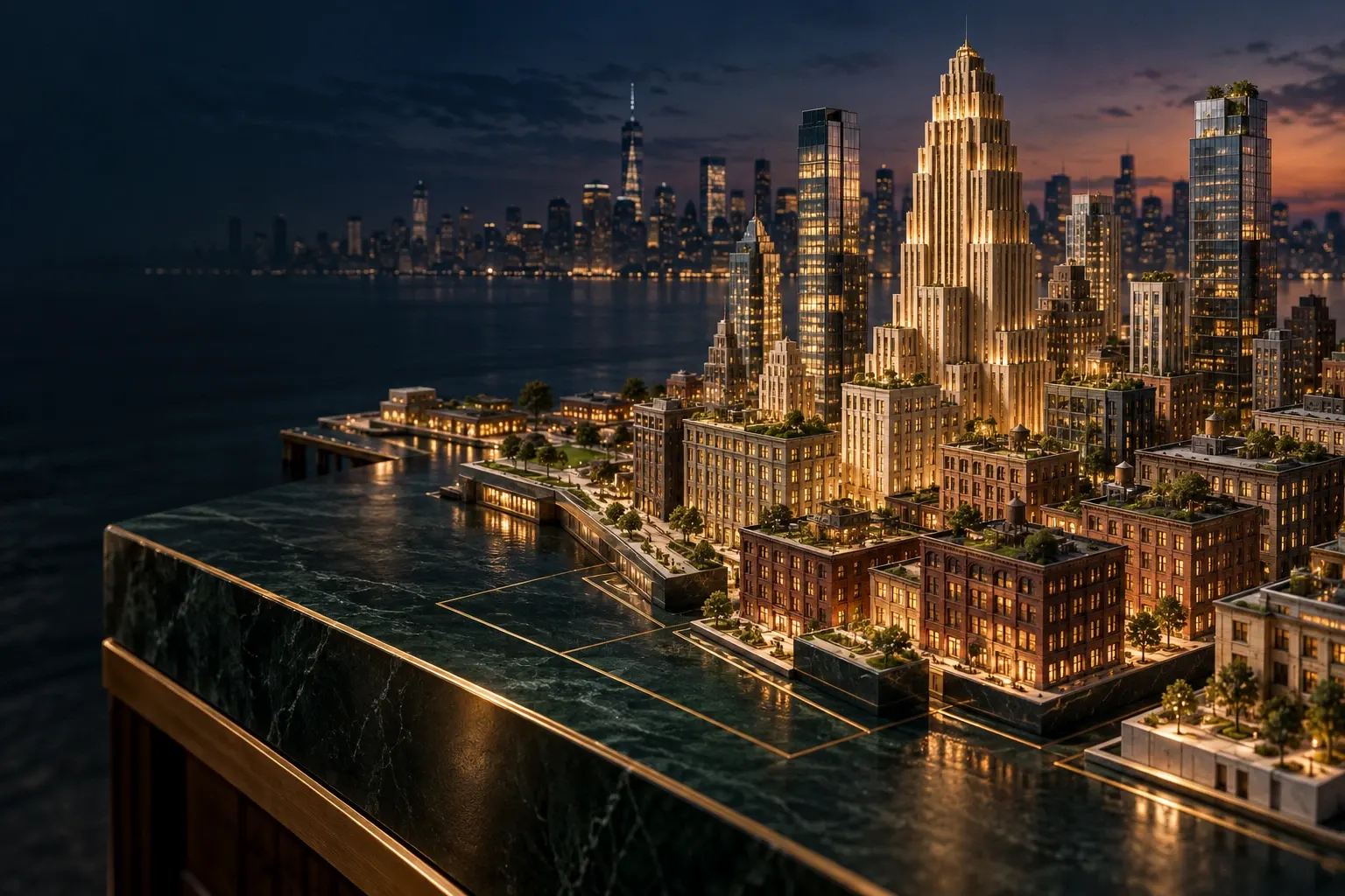 A miniature New York of illuminated towers, brick warehouses and rooftop gardens on a dark stone table